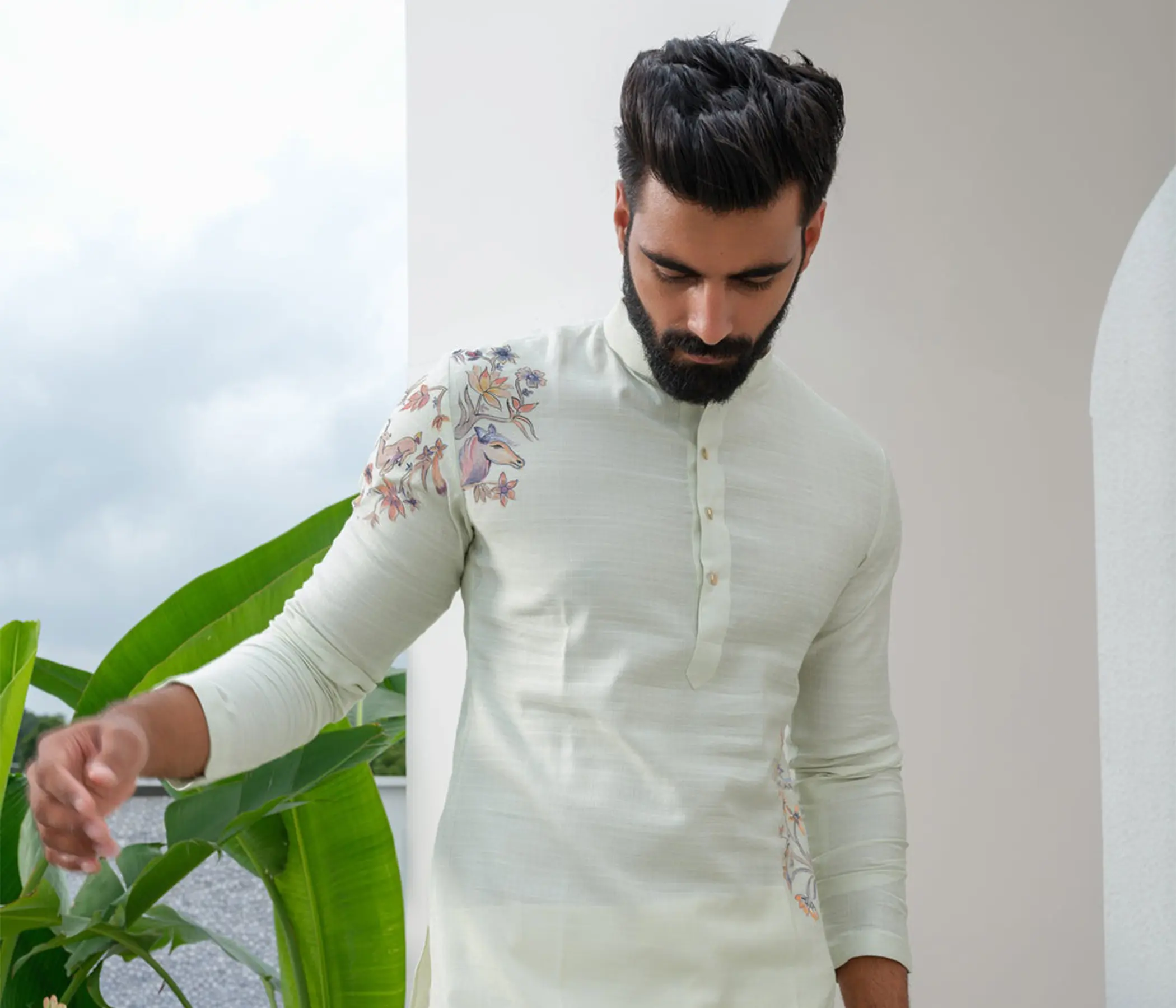 Men's Hand Painted Pastel Mint Green Tussar Silk Kurta Pajama Set